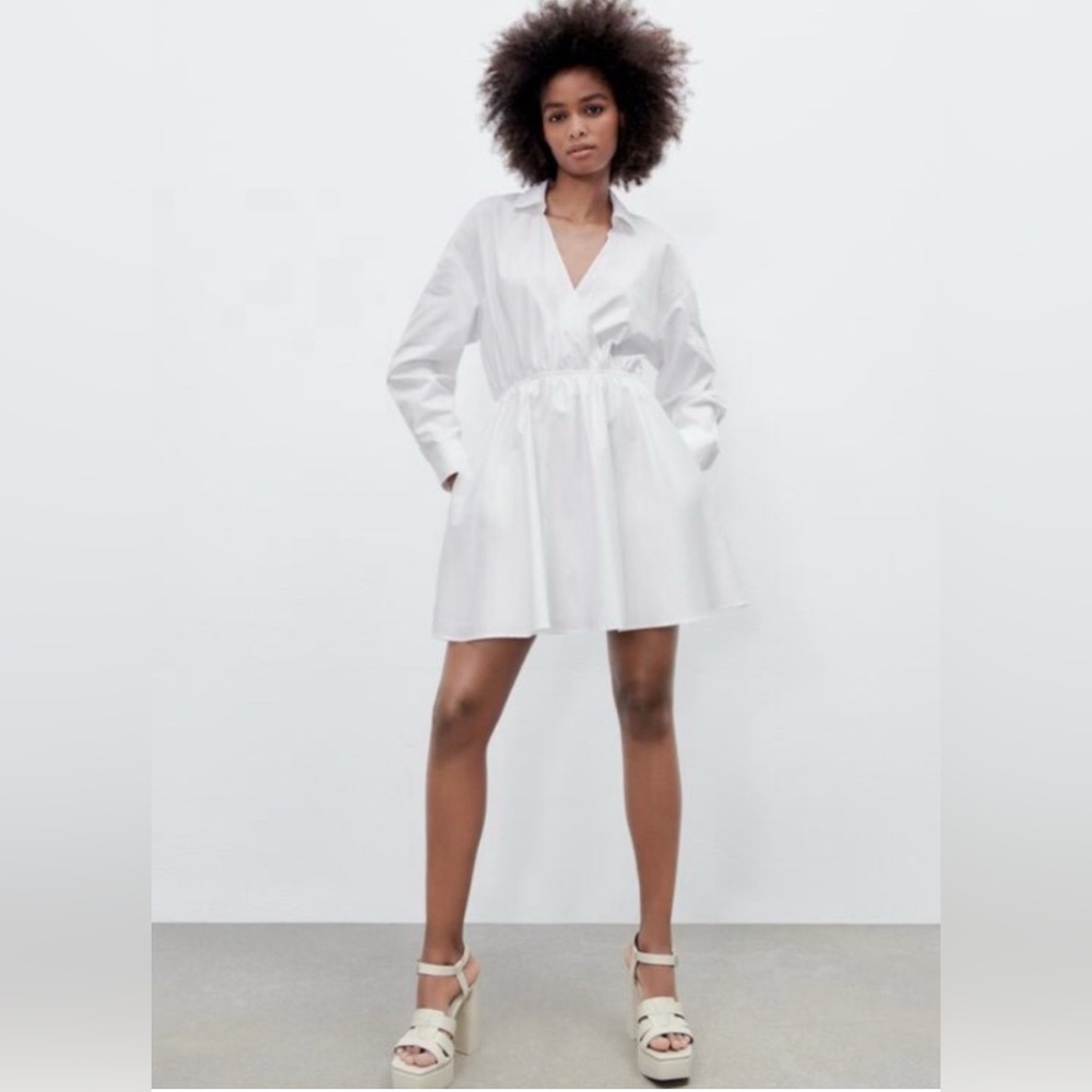 Zara White Long Sleeve Shirt Dress
